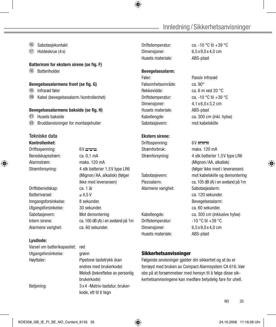 Sicherheitshinweise, Innledning / sikkerhetsanvisninger | Dexaplan CA 616 User Manual | Page 35 / 42