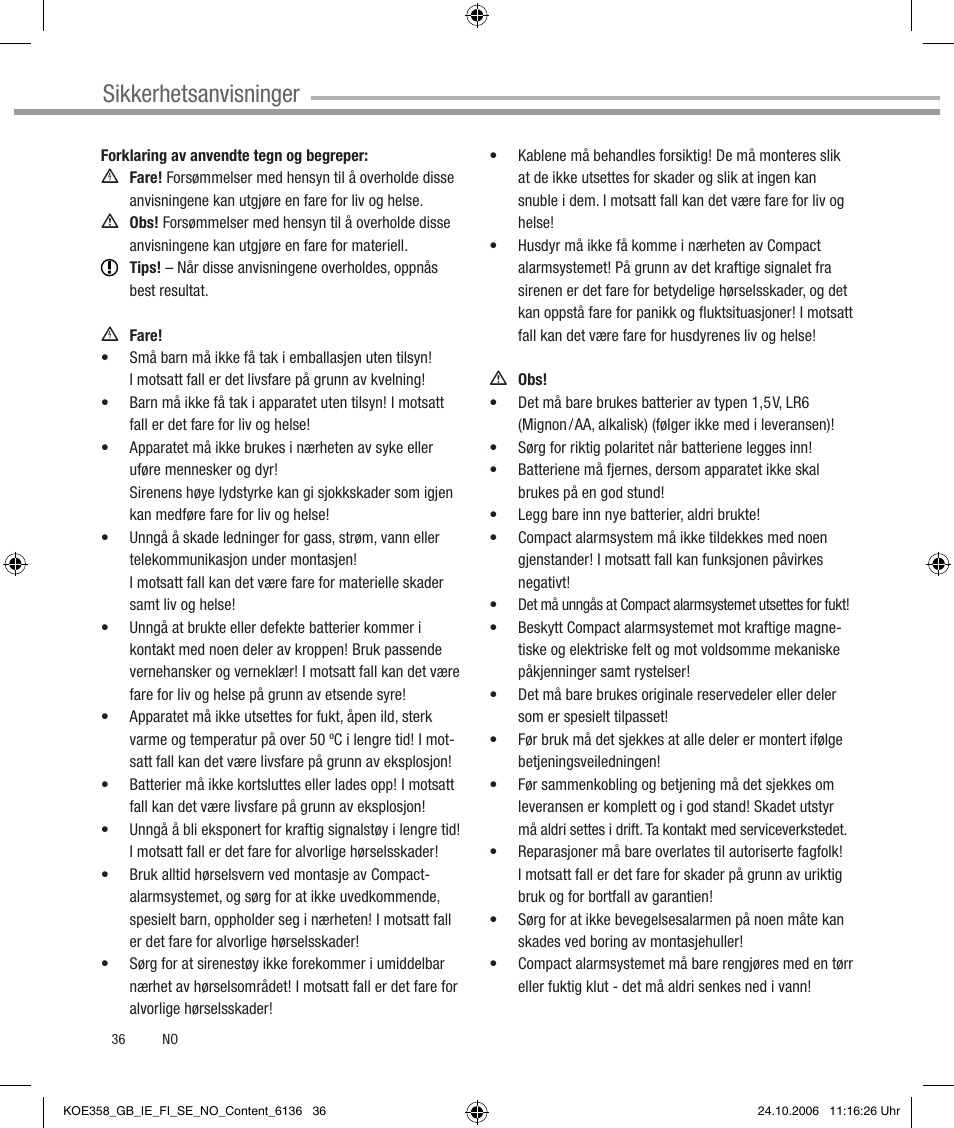 Sicherheitshinweise, Sikkerhetsanvisninger | Dexaplan CA 616 User Manual | Page 36 / 42