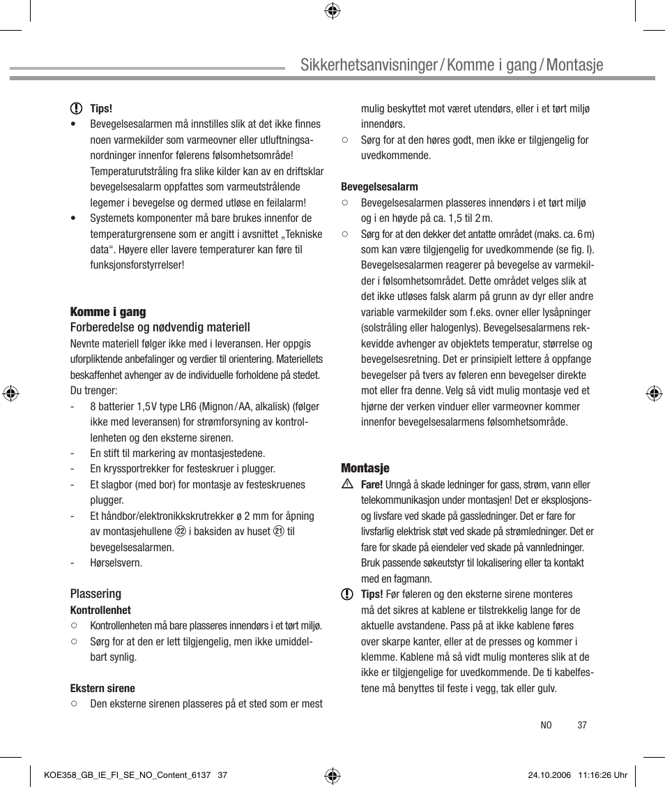 Sicherheitshinweise, Sikkerhetsanvisninger / komme i gang / montasje | Dexaplan CA 616 User Manual | Page 37 / 42