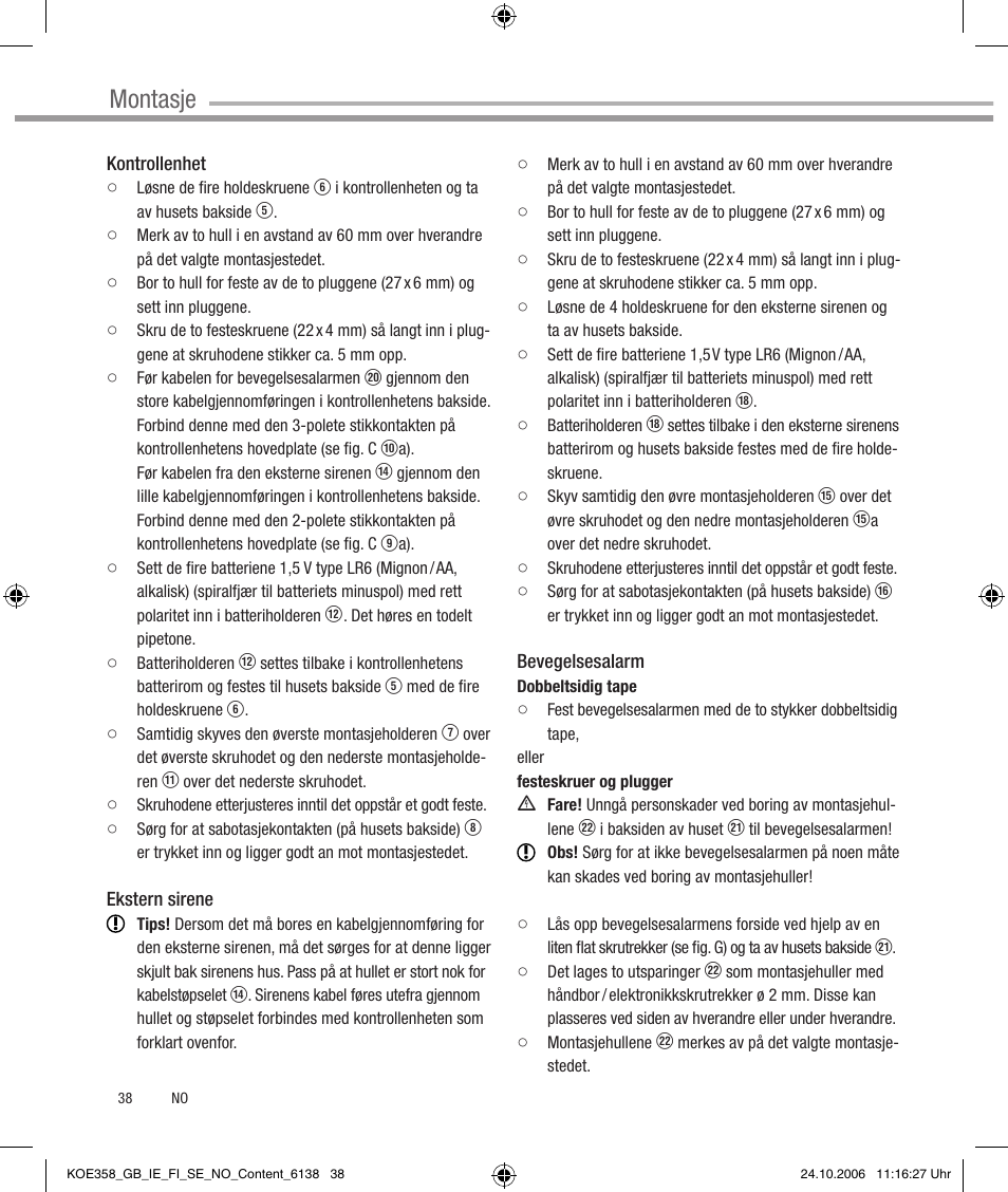 Montasje | Dexaplan CA 616 User Manual | Page 38 / 42