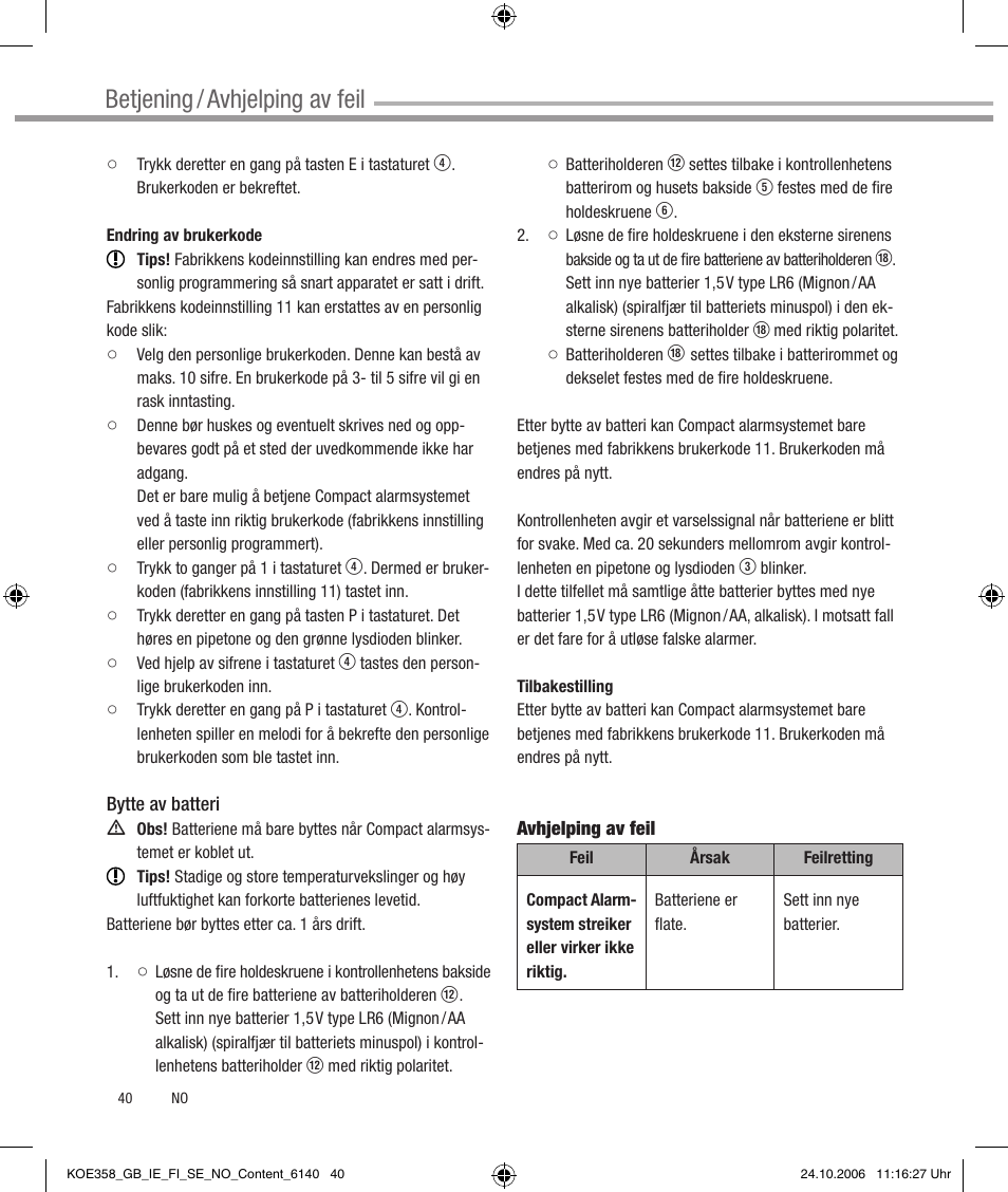 Sicherheitshinweise, Betjening / avhjelping av feil | Dexaplan CA 616 User Manual | Page 40 / 42
