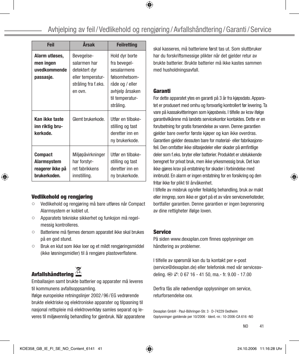 Sicherheitshinweise | Dexaplan CA 616 User Manual | Page 41 / 42