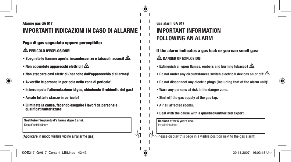 Important information following an alarm, Importanti indicazioni in caso di allarme | Dexaplan GA 617 User Manual | Page 22 / 23