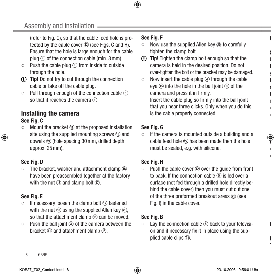 Assembly and installation, Installing the camera, Connecting the camera to the television | Operation, Optional accessories, Rectifying faults | Dexaplan MC 610 User Manual | Page 6 / 10