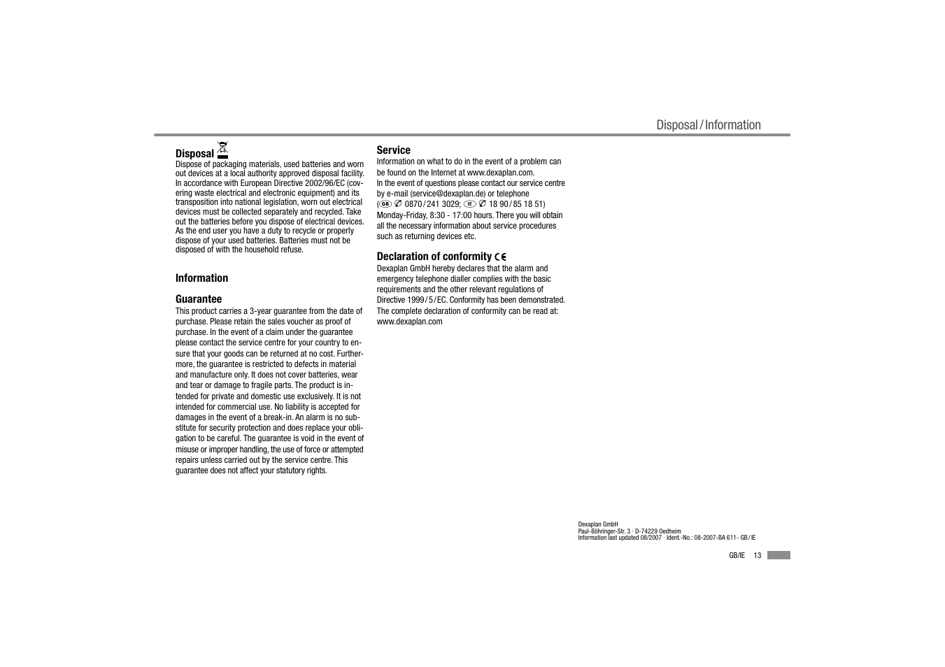 Disposal / information | Dexaplan BA 611 User Manual | Page 14 / 35