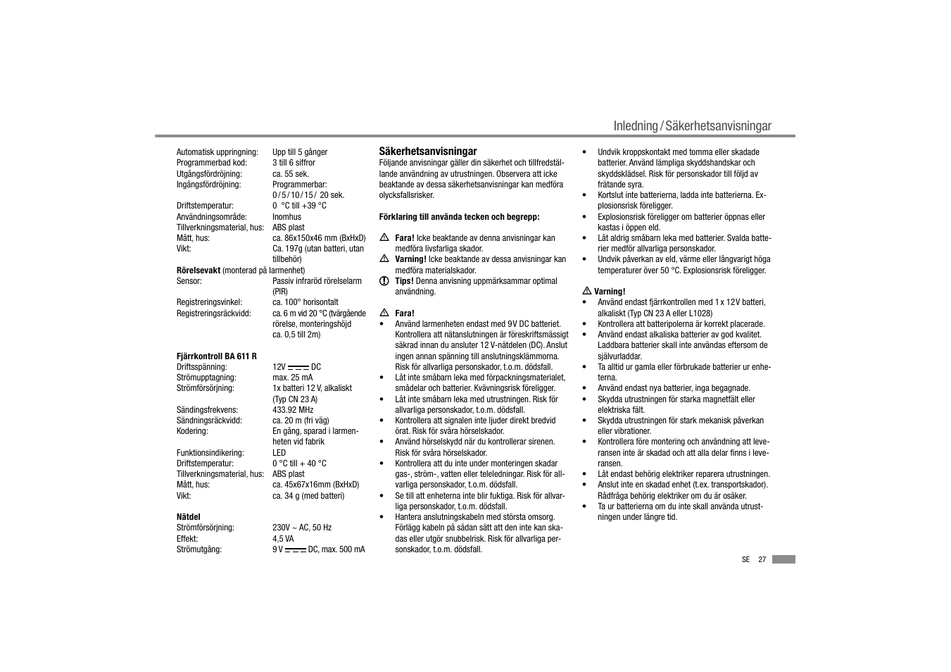 Inledning / säkerhetsanvisningar | Dexaplan BA 611 User Manual | Page 28 / 35