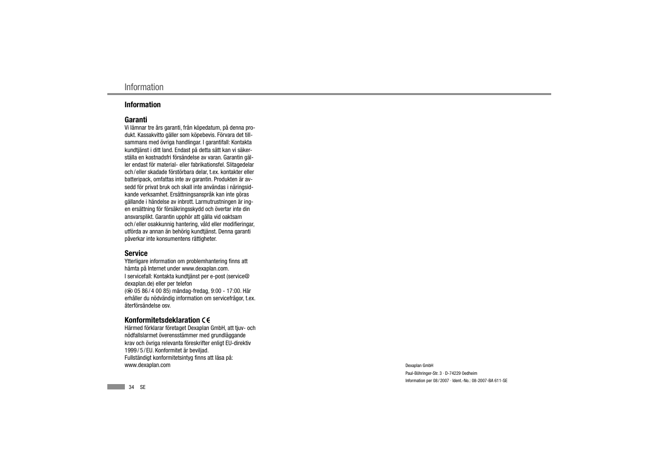 Information | Dexaplan BA 611 User Manual | Page 35 / 35