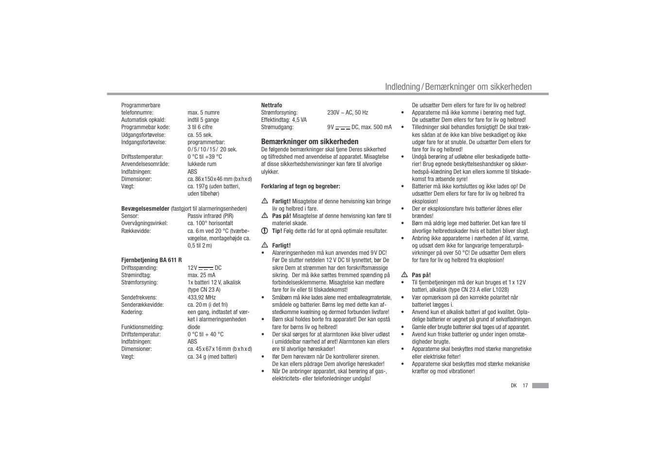 Indledning / bemærkninger om sikkerheden | Dexaplan BA 611 User Manual | Page 18 / 35