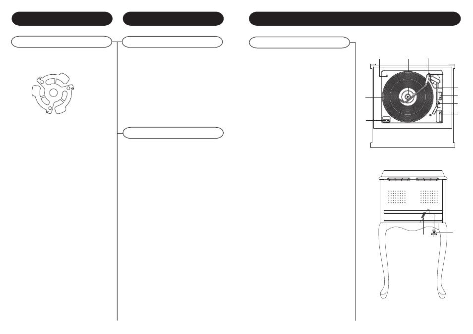 Turntable operation control locators, Accessory: adapter for 45 rpm, Radio operation | Unit controls, Antenna | Crosley Radio Crosley Queen Anne Console Stack-O-Matic CR87-S User Manual | Page 6 / 7