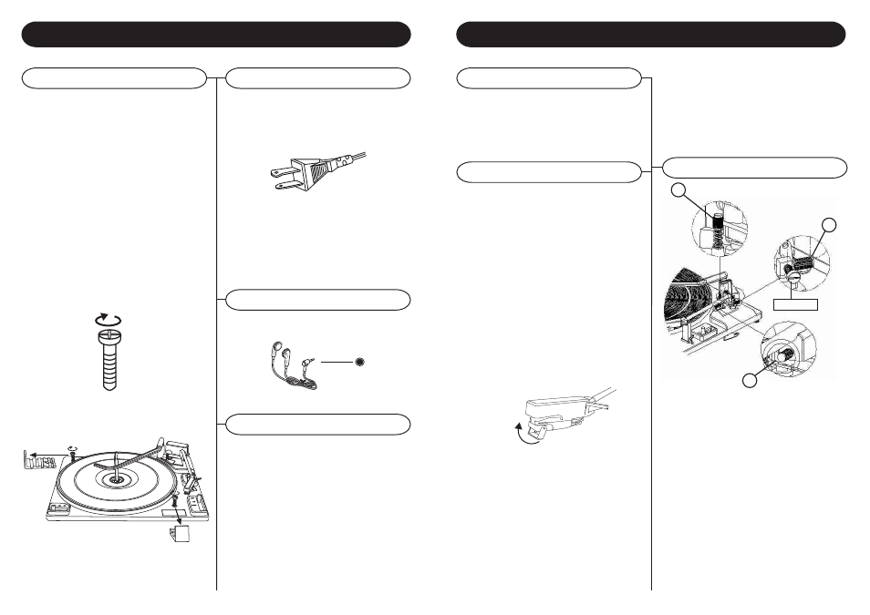 Getting started, Turntable operation, Turntable features turntable instructions | Unpacking, Power source, Assembly earphones jack operation, Tone arm adjustment | Crosley Radio Crosley Queen Anne Console Stack-O-Matic CR87-S User Manual | Page 7 / 7