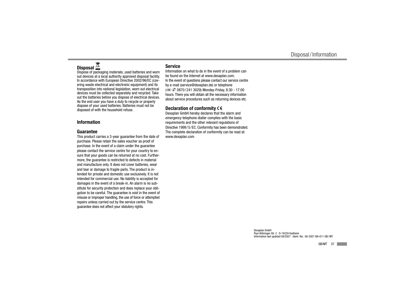 Disposal / information | Dexaplan BA 611 User Manual | Page 39 / 50