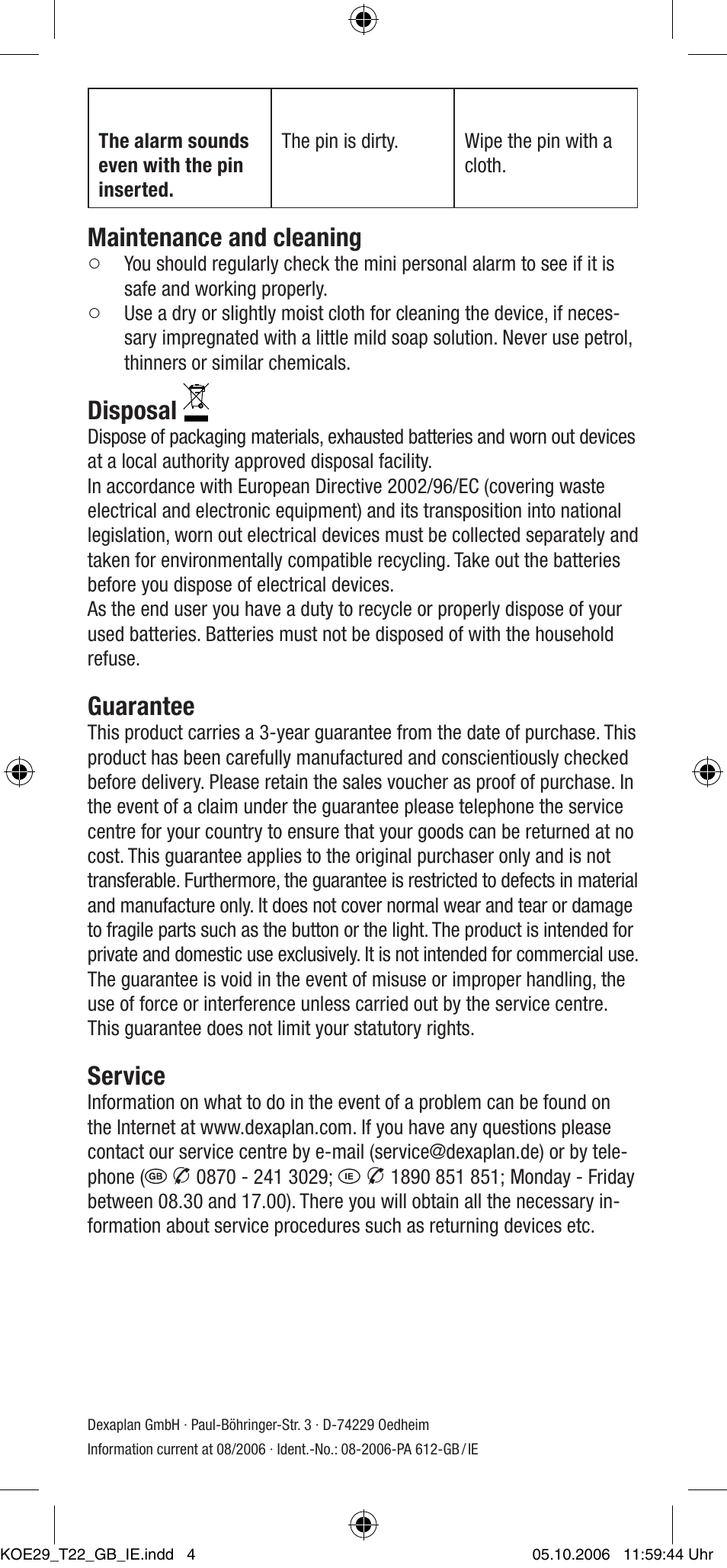 Maintenance and cleaning, Disposal, Guarantee | Service | Dexaplan PA 612 User Manual | Page 4 / 4