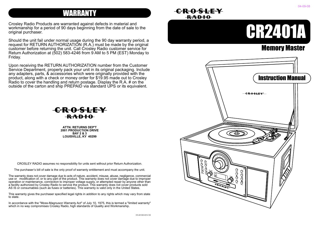 Crosley Radio CR2401A User Manual | 8 pages