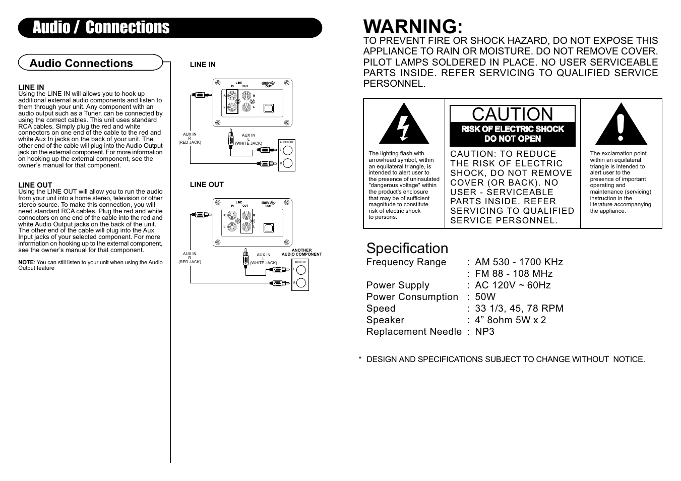 Warning, Caution, Audio / connections | Specification, Audio connections | Crosley Radio CR2401A User Manual | Page 2 / 8