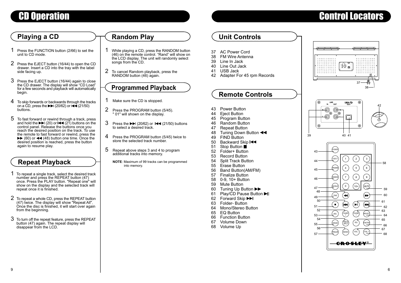 Cd operation, Control locators, Remote controls unit controls | Crosley Radio CR2401A User Manual | Page 4 / 8