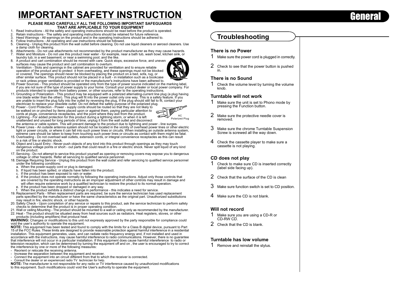 Important safety instruction, General, Troubleshooting | Crosley Radio CR2401A User Manual | Page 5 / 8