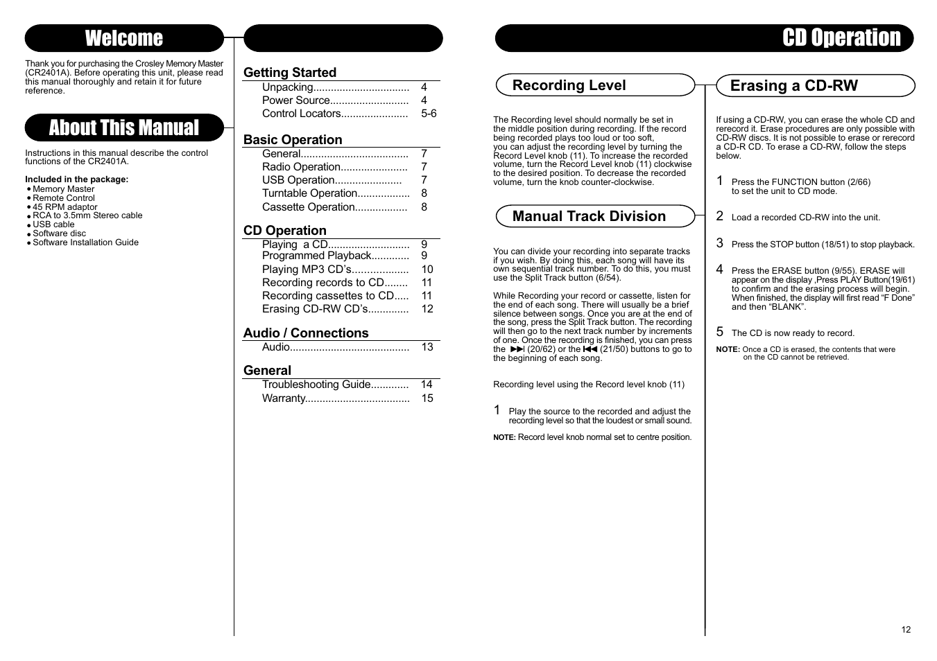 Cd operation, Table of contents about this manual, Welcome | Erasing a cd-rw, Recording level manual track division | Crosley Radio CR2401A User Manual | Page 6 / 8