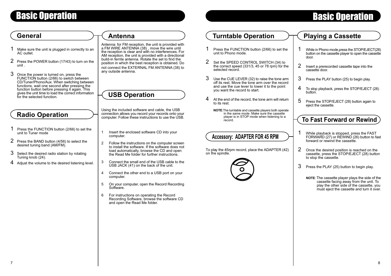 Basic operation, Usb operation, Antenna | Turntable operation, General | Crosley Radio CR2401A User Manual | Page 8 / 8