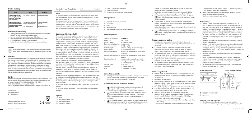 Javljalnik vročine ha 621, Nameščanje, Obseg dobave | Tehnični podatki, Varnostna opozorila, Priprava za primer požara, Požar – kaj storiti, Trouble shooting fault cause remedy, Maintenance and cleaning, Disposal | Dexaplan HA 621 User Manual | Page 2 / 4