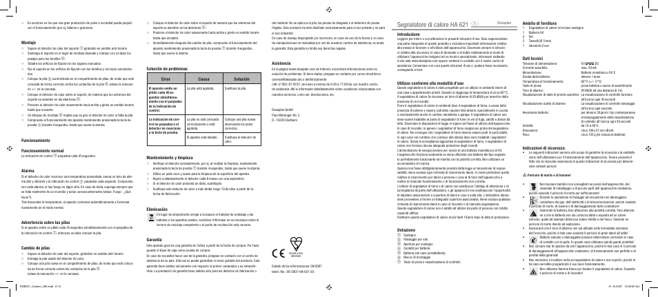 Segnalatore di calore ha 621, Introduzione, Utilizzo conforme alla modalità d’uso | Dotazione, Ambito di fornitura, Dati tecnici, Indicazioni di sicurezza, Montaje, Funcionamiento funcionamiento normal, Alarma | Dexaplan HA 621 User Manual | Page 2 / 4