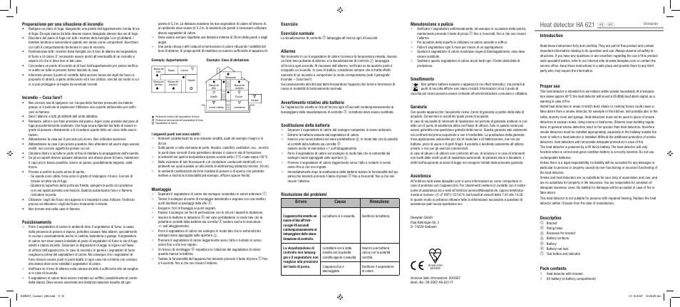 Heat detector ha 621, Introduction, Proper use | Description, Pack contents, Preparazione per una situazione di incendio, Incendio – cosa fare, Posizionamento, Montaggio, Esercizio esercizio normale | Dexaplan HA 621 User Manual | Page 3 / 4