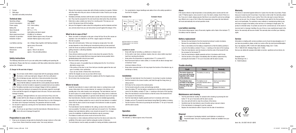 Technical data, Safety instructions, Preparation in case of fire | What to do in case of fire, Where to locate, Installation, Operation, Normal operation, Alarm, Low battery warning | Dexaplan HA 621 User Manual | Page 4 / 4