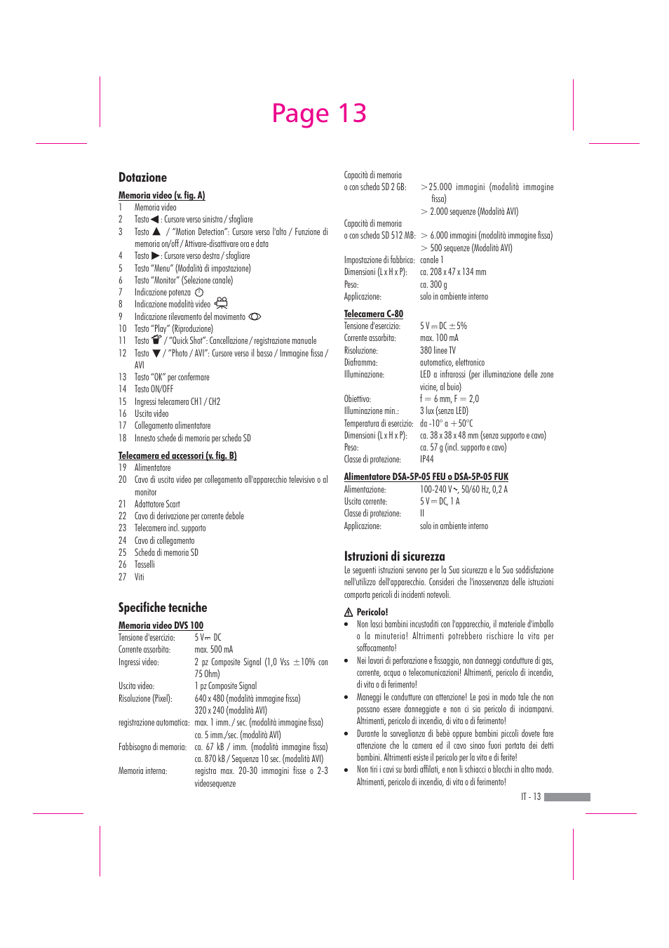 Page 13, Dotazione specifiche tecniche, Istruzioni di sicurezza | Dexaplan DV 622 User Manual | Page 11 / 34