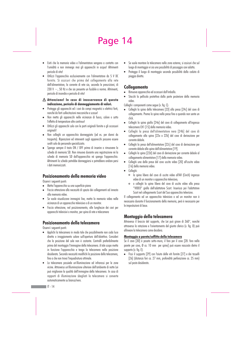 Page 14, Collegamento montaggio della telecamera | Dexaplan DV 622 User Manual | Page 12 / 34