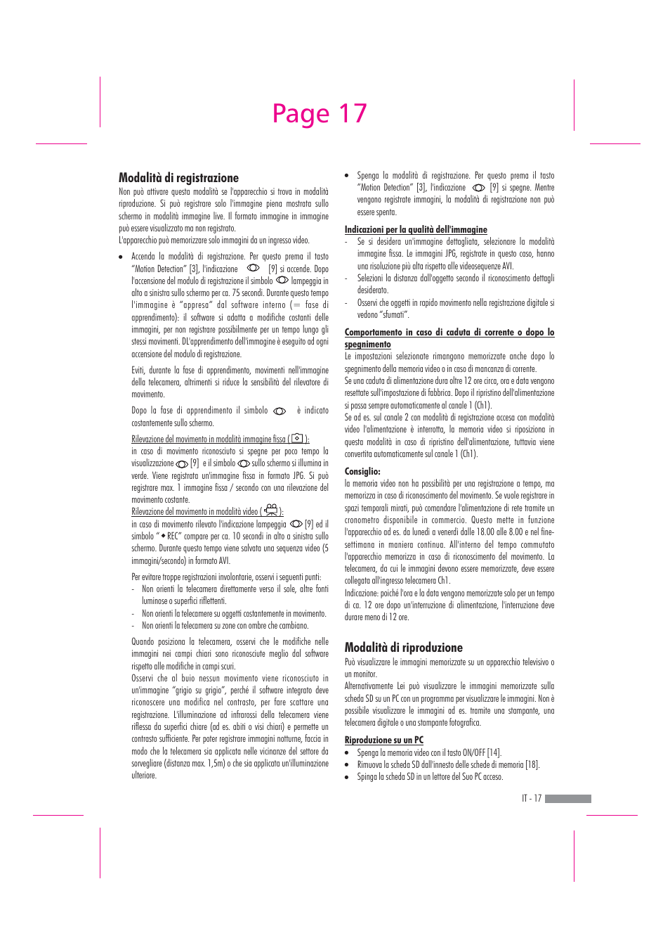 Page 17, Modalità di registrazione, Modalità di riproduzione | Dexaplan DV 622 User Manual | Page 15 / 34