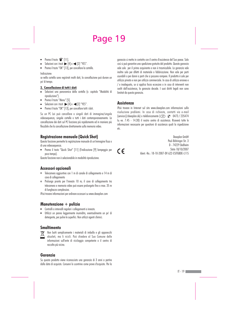 Page 19, Assistenza | Dexaplan DV 622 User Manual | Page 17 / 34