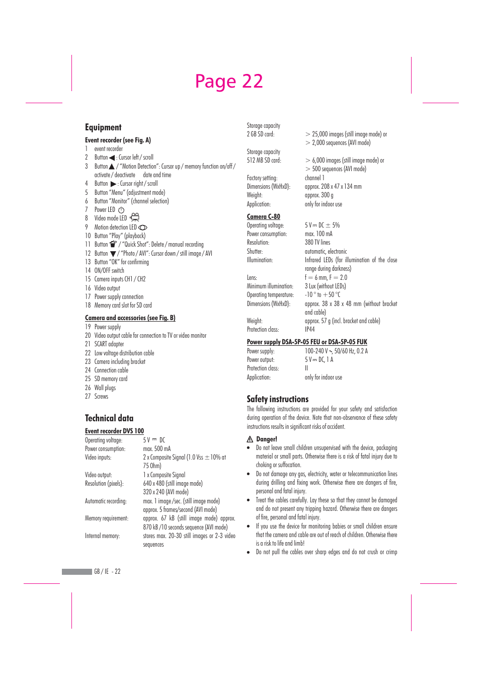 Page 22, Equipment technical data, Safety instructions | Dexaplan DV 622 User Manual | Page 20 / 34