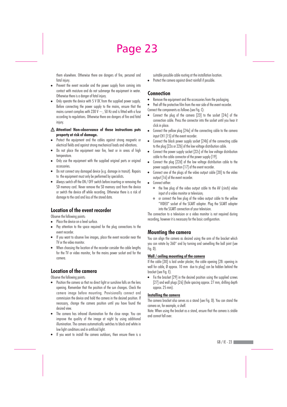 Page 23, Connection mounting the camera | Dexaplan DV 622 User Manual | Page 21 / 34