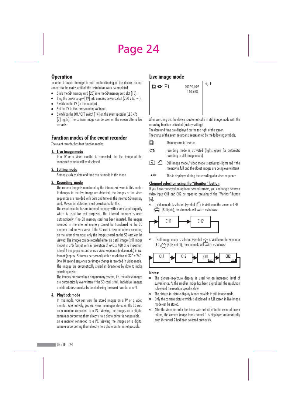 Page 24, Live image mode, Operation function modes of the event recorder | Dexaplan DV 622 User Manual | Page 22 / 34