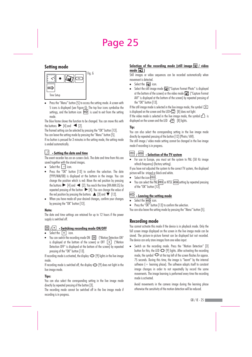 Page 25, Recording mode setting mode | Dexaplan DV 622 User Manual | Page 23 / 34