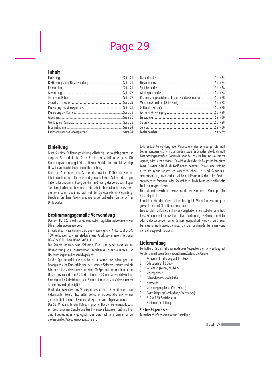 Page 29, Inhalt, Einleitung bestimmungsgemäße verwendung | Lieferumfang | Dexaplan DV 622 User Manual | Page 27 / 34