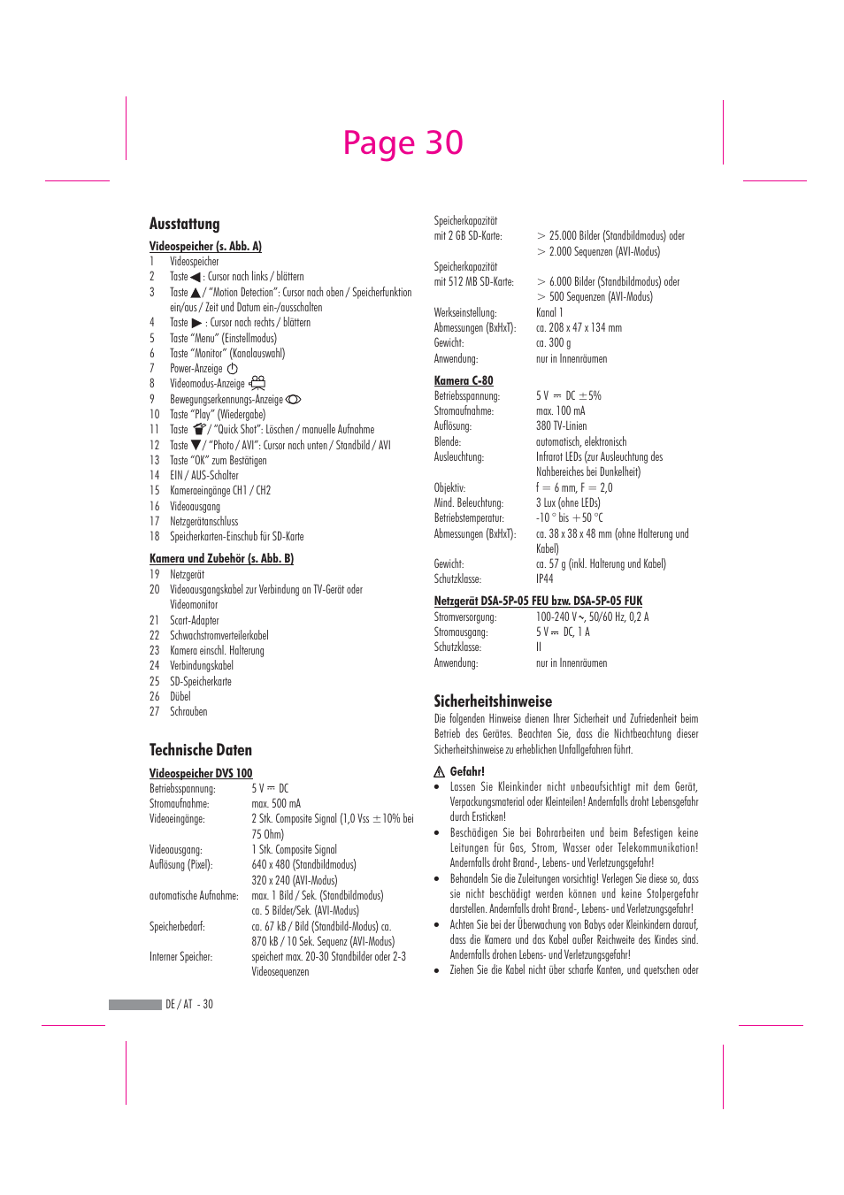 Page 30, Ausstattung technische daten, Sicherheitshinweise | Dexaplan DV 622 User Manual | Page 28 / 34