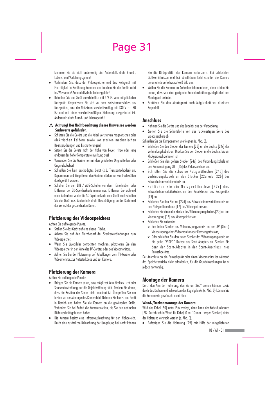 Page 31, Anschluss montage der kamera | Dexaplan DV 622 User Manual | Page 29 / 34