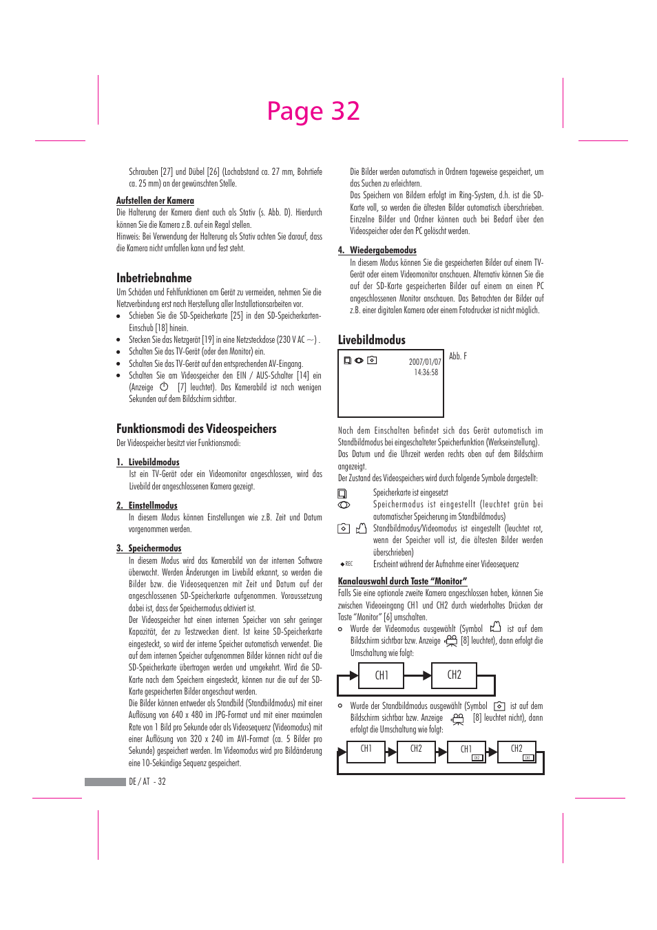 Page 32, Inbetriebnahme funktionsmodi des videospeichers, Livebildmodus | Dexaplan DV 622 User Manual | Page 30 / 34