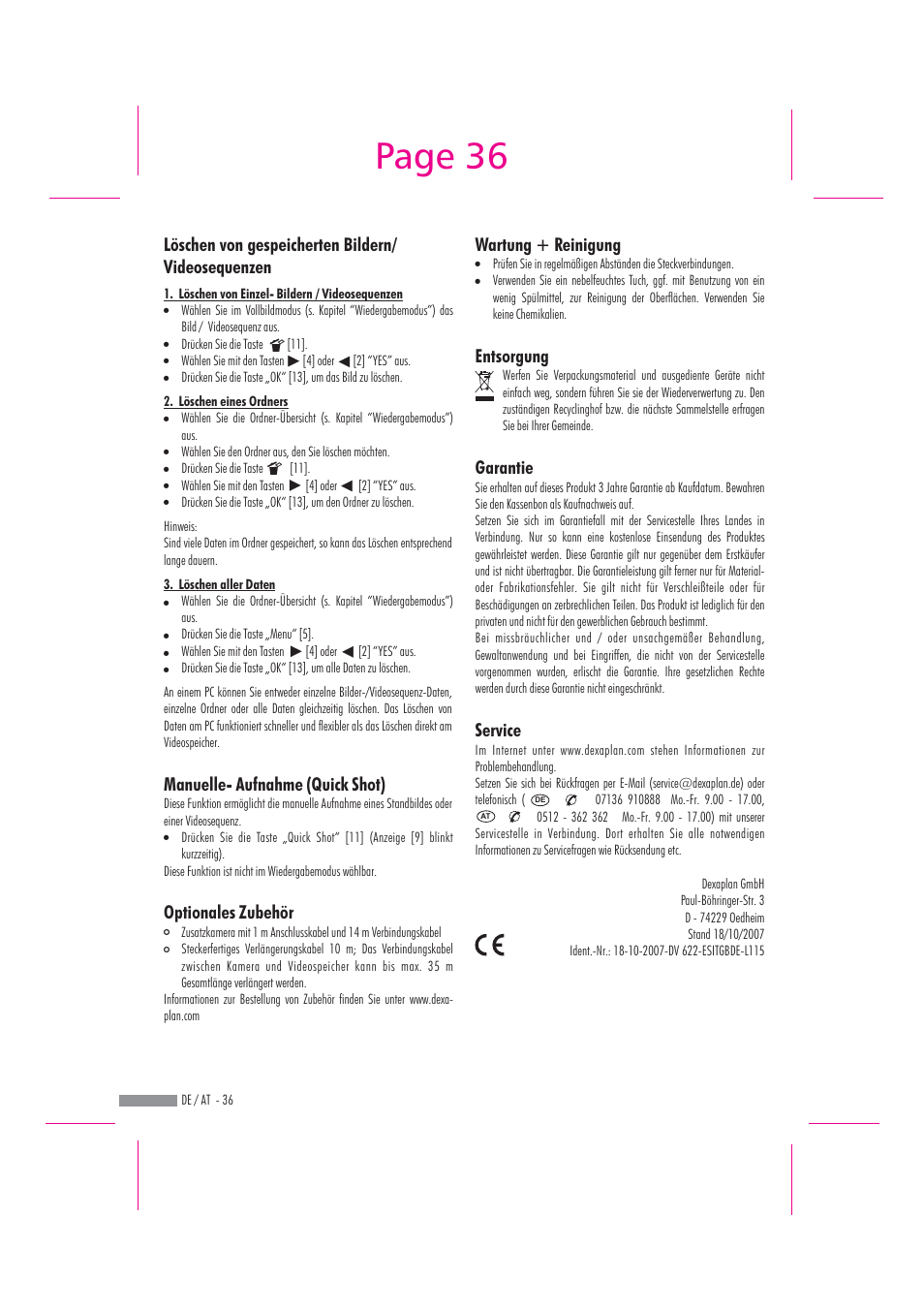 Page 36, Wartung + reinigung entsorgung garantie service | Dexaplan DV 622 User Manual | Page 34 / 34