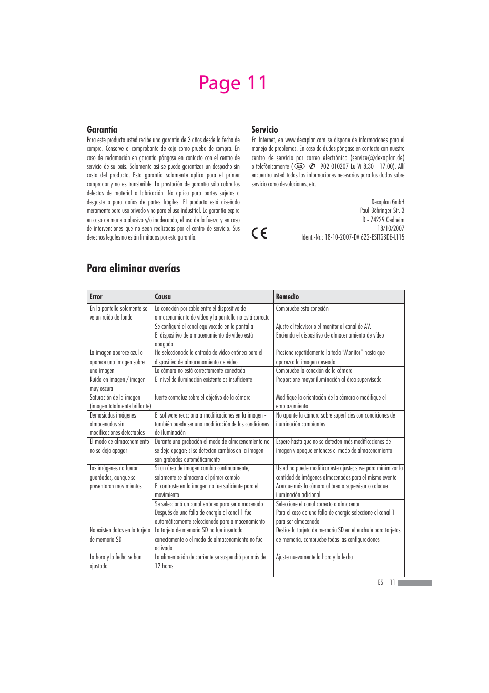 Page 11, Para eliminar averías, Garantía | Servicio | Dexaplan DV 622 User Manual | Page 9 / 34