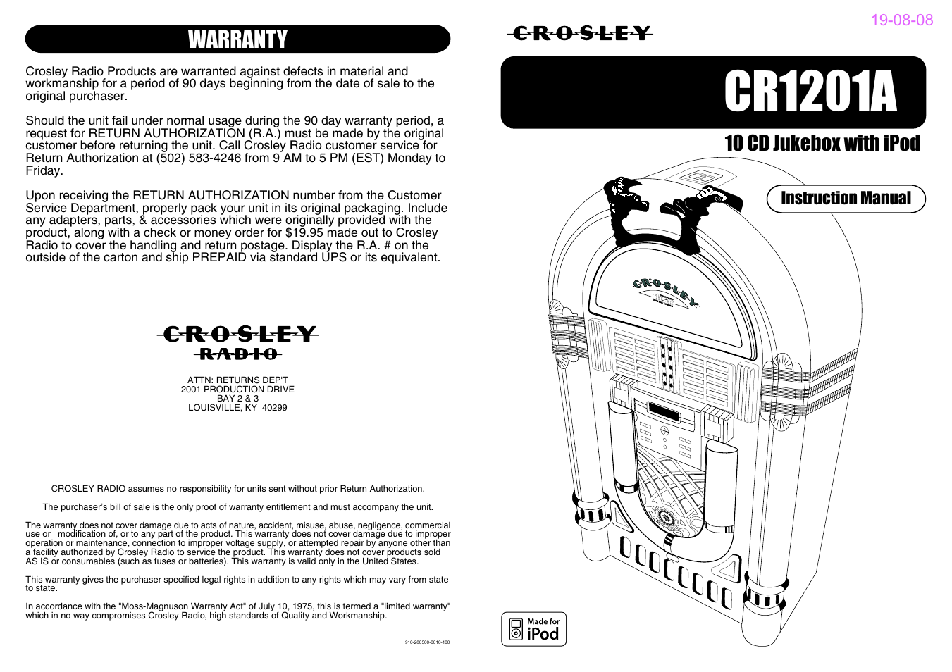 Crosley Radio Crosley Full Size Jukebox CR12-10 User Manual | 8 pages