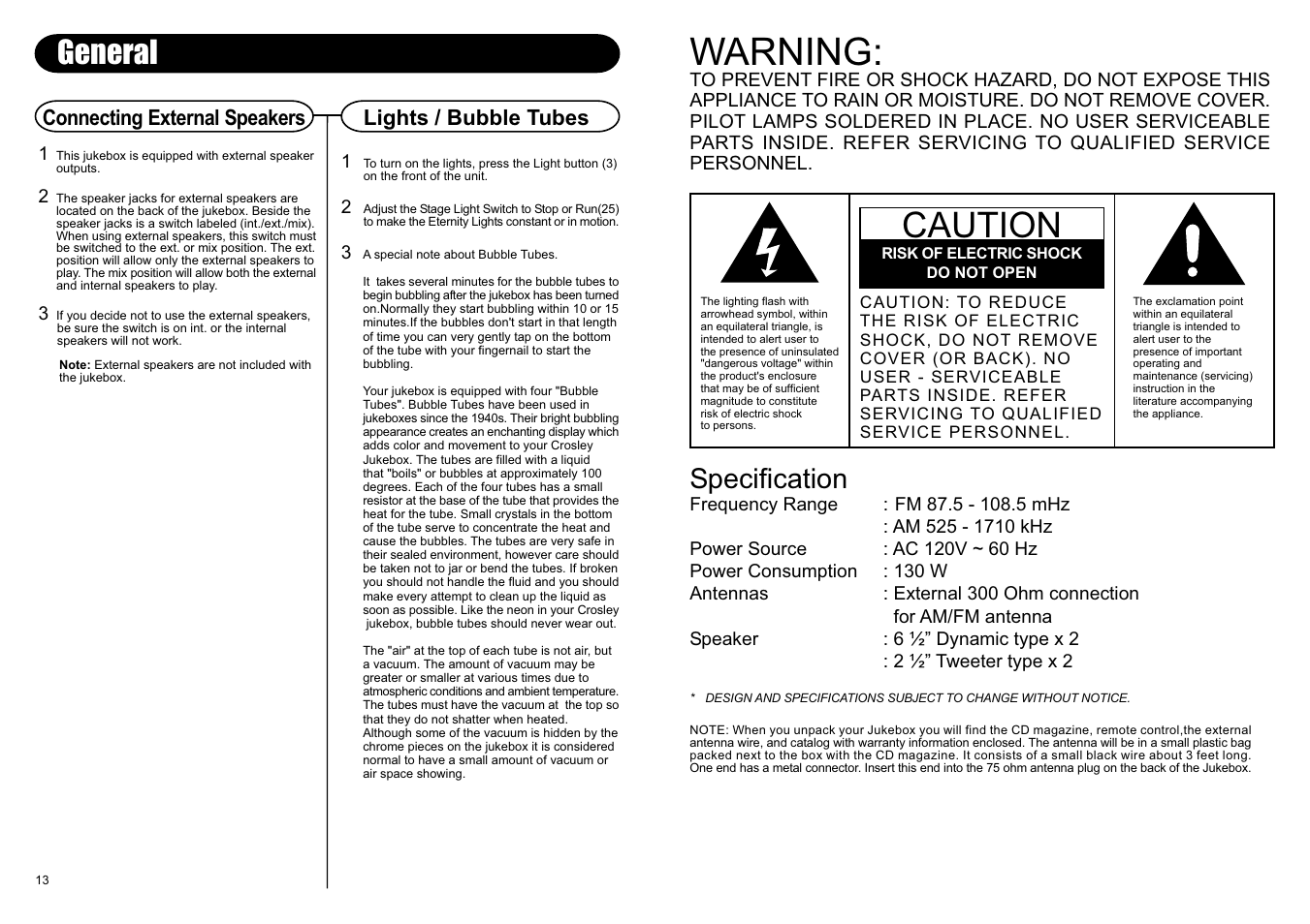 Warning, Caution, General | Specification, Connecting external speakers, Lights / bubble tubes | Crosley Radio Crosley Full Size Jukebox CR12-10 User Manual | Page 2 / 8