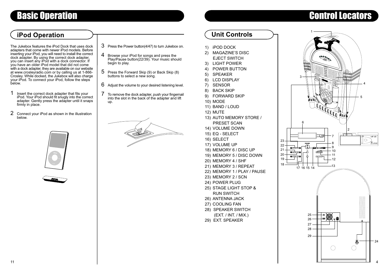 Control locators, Basic operation, Ipod operation | Unit controls, Sensor, Sel eq, D.dn d.up rep shf scn loud, Mod bnd ams mut, Eject | Crosley Radio Crosley Full Size Jukebox CR12-10 User Manual | Page 3 / 8