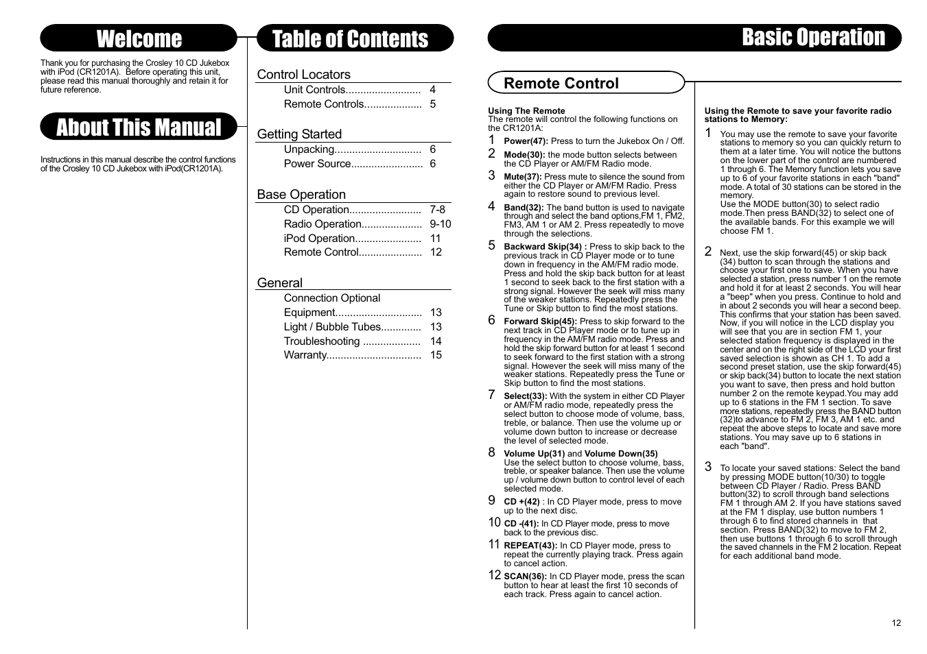 About this manual welcome table of contents, Basic operation, Remote control | Crosley Radio Crosley Full Size Jukebox CR12-10 User Manual | Page 6 / 8
