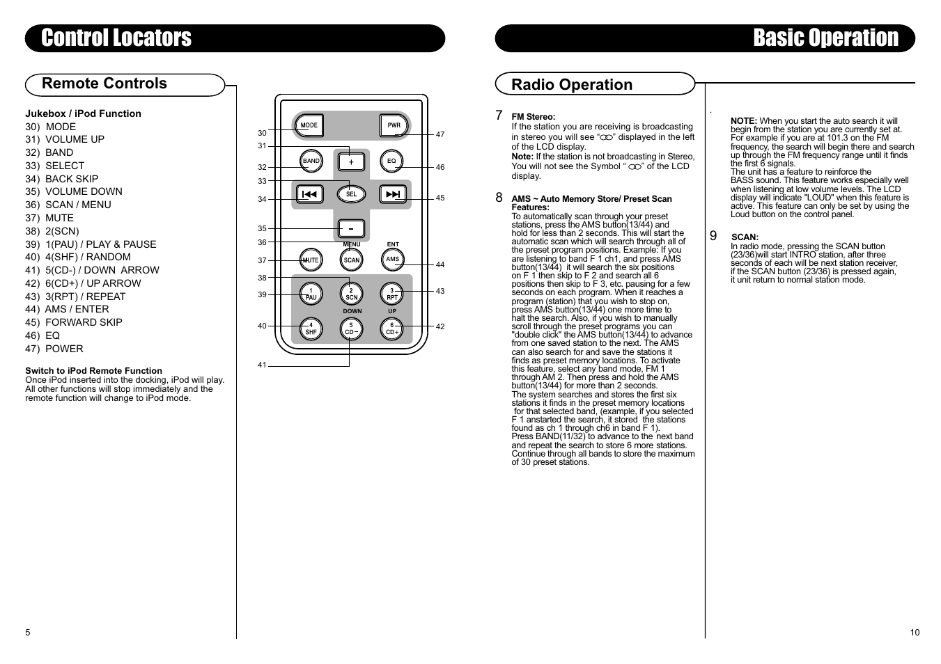 Basic operation, Control locators, Radio operation | Remote controls | Crosley Radio Crosley Full Size Jukebox CR12-10 User Manual | Page 7 / 8