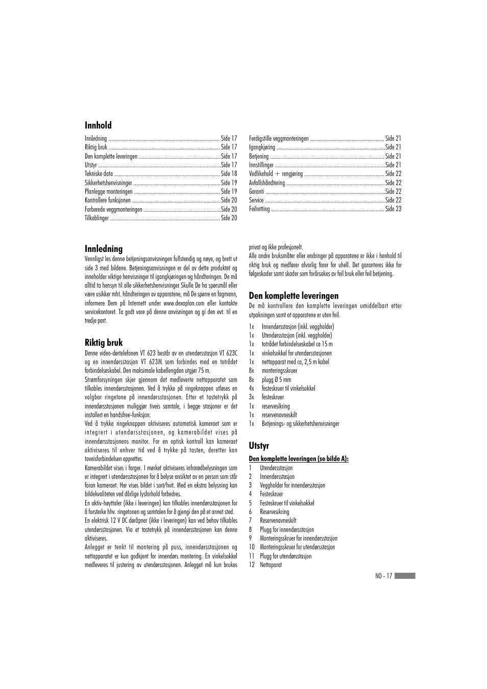 Den komplette leveringen utstyr, Innledning riktig bruk, Innhold | Dexaplan VT 623 User Manual | Page 15 / 22