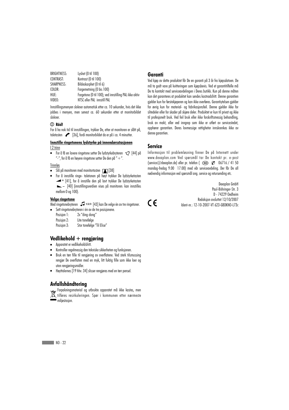 Garanti service, Vedlikehold + rengjøring avfallshåndtering | Dexaplan VT 623 User Manual | Page 20 / 22