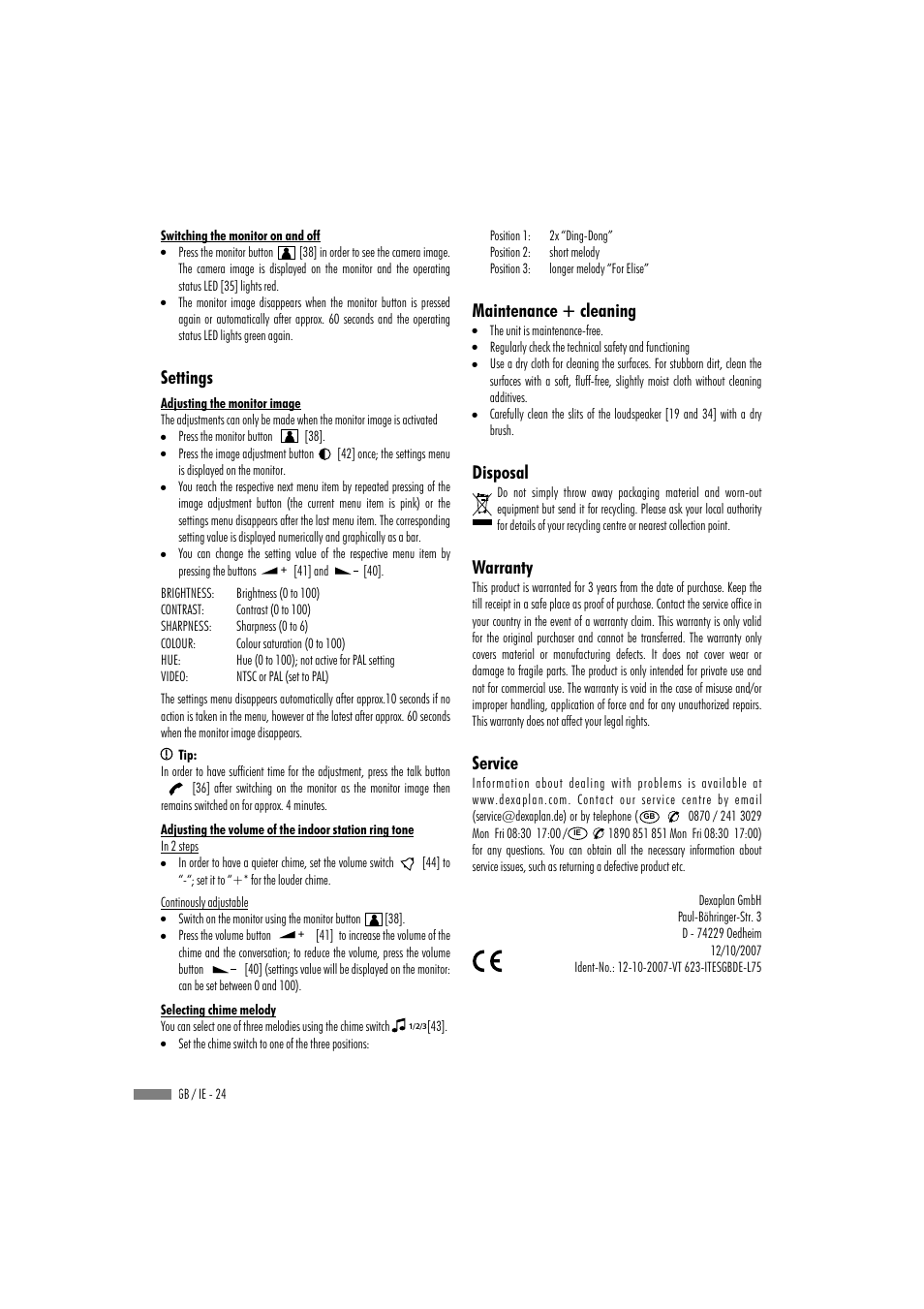 Maintenance + cleaning disposal warranty service, Settings | Dexaplan VT 623 User Manual | Page 22 / 30