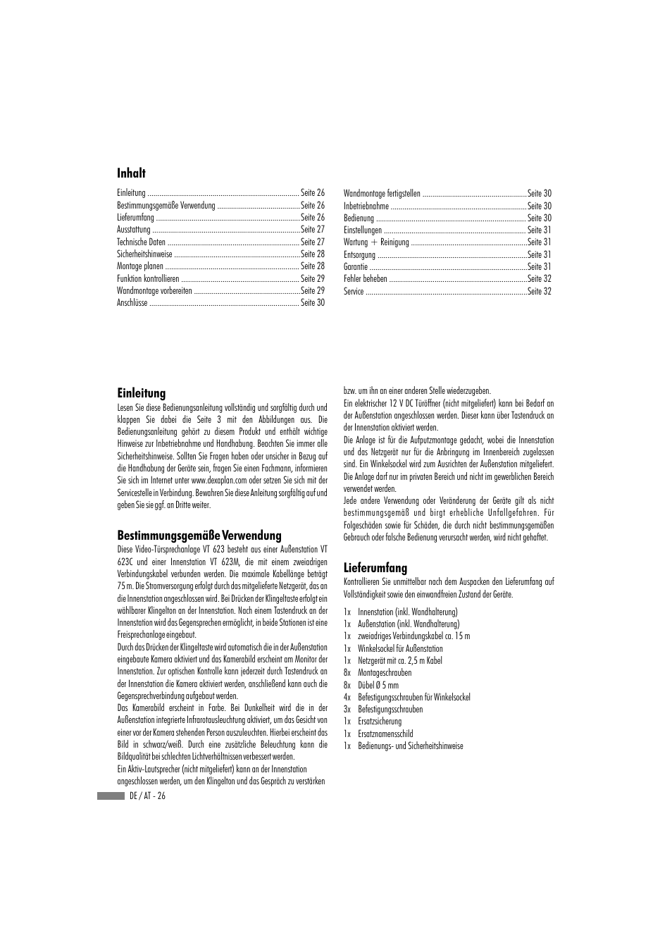 Inhalt, Einleitung bestimmungsgemäße verwendung, Lieferumfang | Dexaplan VT 623 User Manual | Page 24 / 30