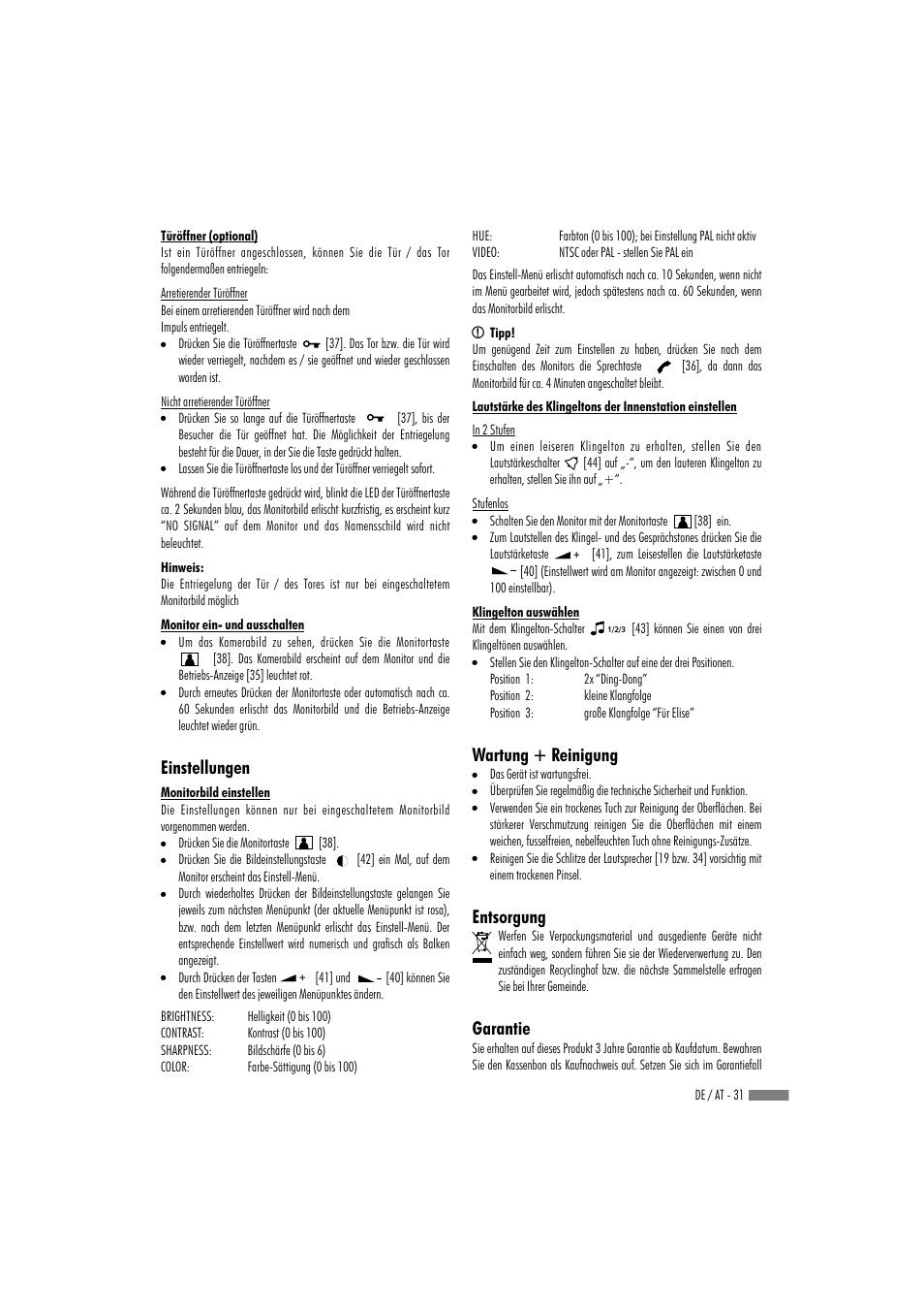 Einstellungen, Wartung + reinigung entsorgung garantie | Dexaplan VT 623 User Manual | Page 29 / 30